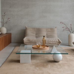 Table with ribbed vases in natural colors