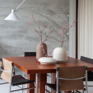 Table with ribbed vases in natural colors