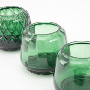 XLBoom Kuro T-light set of 3 in moss green hand-blown tea light holders on white surface.