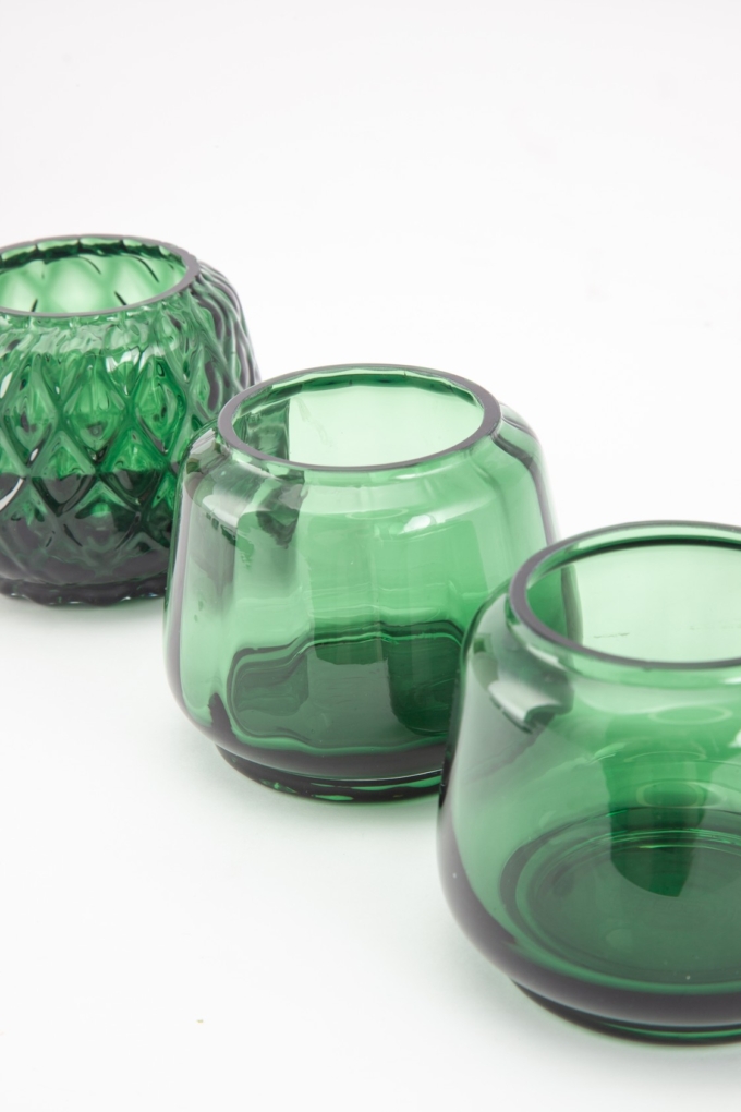 XLBoom Kuro T-light set of 3 in moss green hand-blown tea light holders on white surface.