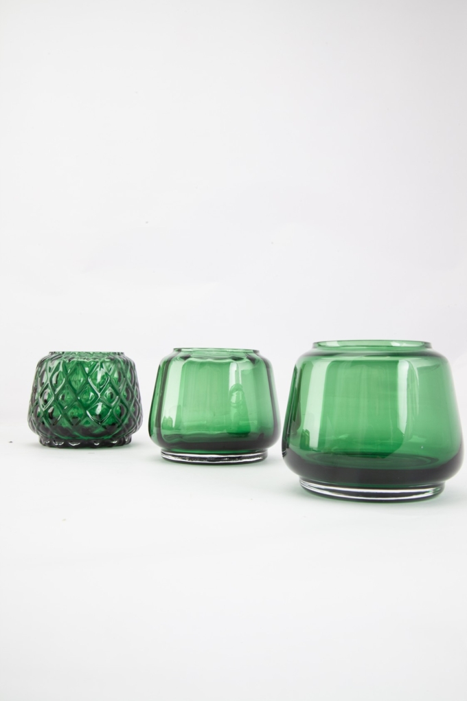 XLBoom Kuro T-light set of 3 in moss green hand-blown tea light holders on white surface.