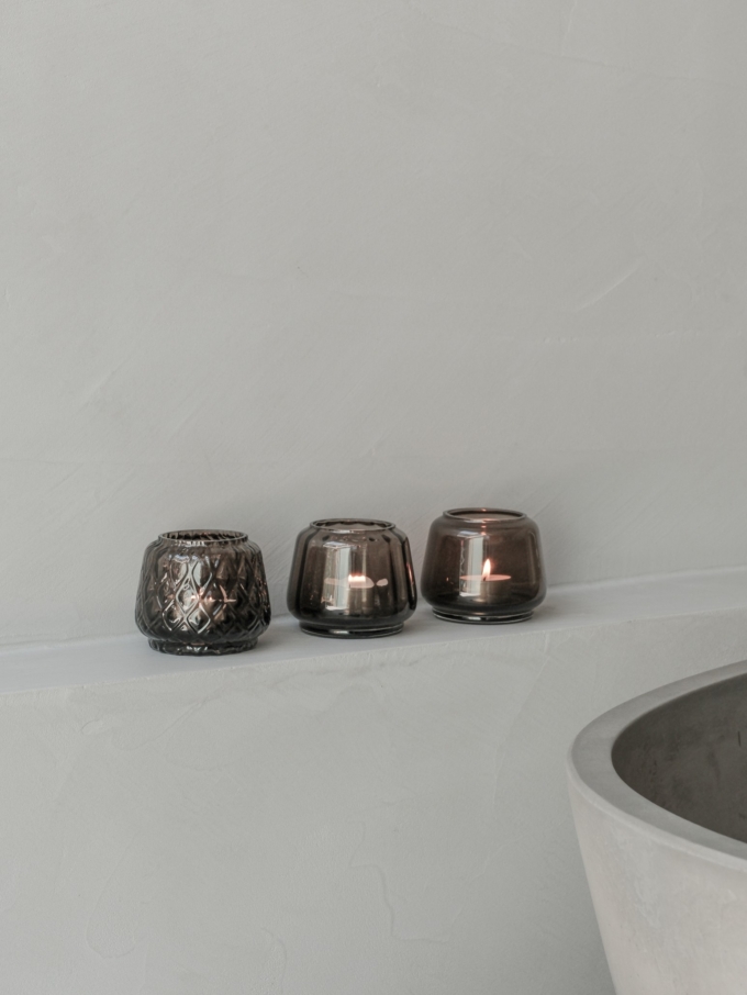 XLBoom Kuro T-Light Mix Set of 3 in smokey glass displayed on light concrete ledge