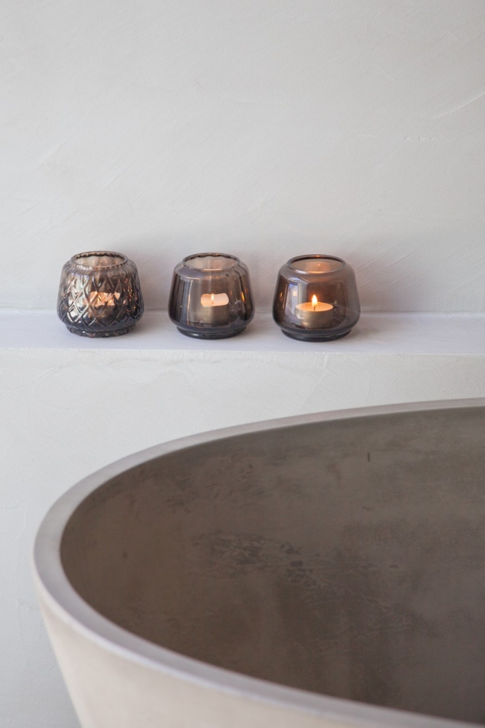 XLBoom Kuro T-Light Mix Set of 3 in smokey glass displayed on light concrete ledge