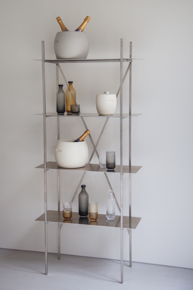 XLBoom Bubble Wine Bucket in cream with Mila glassware in smoke and amber on metal shelving unit